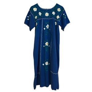 Vintage Mexican Blue Floral Embroidered Muumuu Dress Boho Festival Maxi Medium